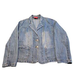 Vtg Carols Denim Jacket Womens Large Embroidered Button Up Embellished 90s